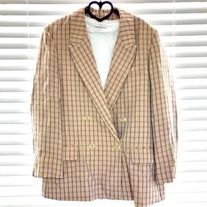 Sandro Paris Blush Beige Plaid Double Breasted Long Women Blazer size 10 / EU 40